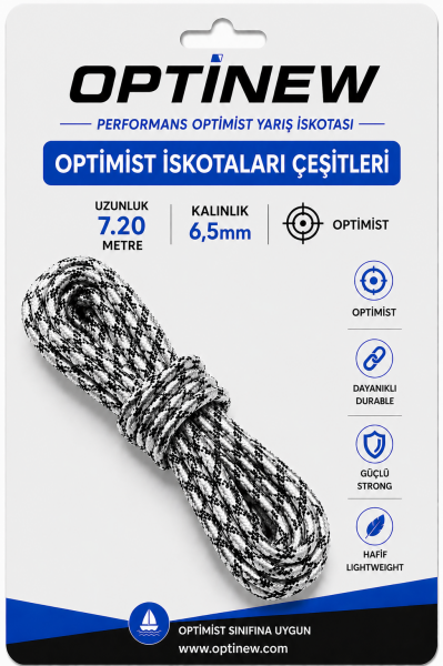 Optimist İskotası - 6.5mm Orta Sertlikte 7.20m Yarış Halatı Beyaz Kırçıllı