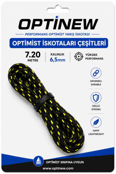 Optimist İskotası - 6.5mm Orta Sertlikte 7.20m Yarış Halatı Sarı-Lacivert
