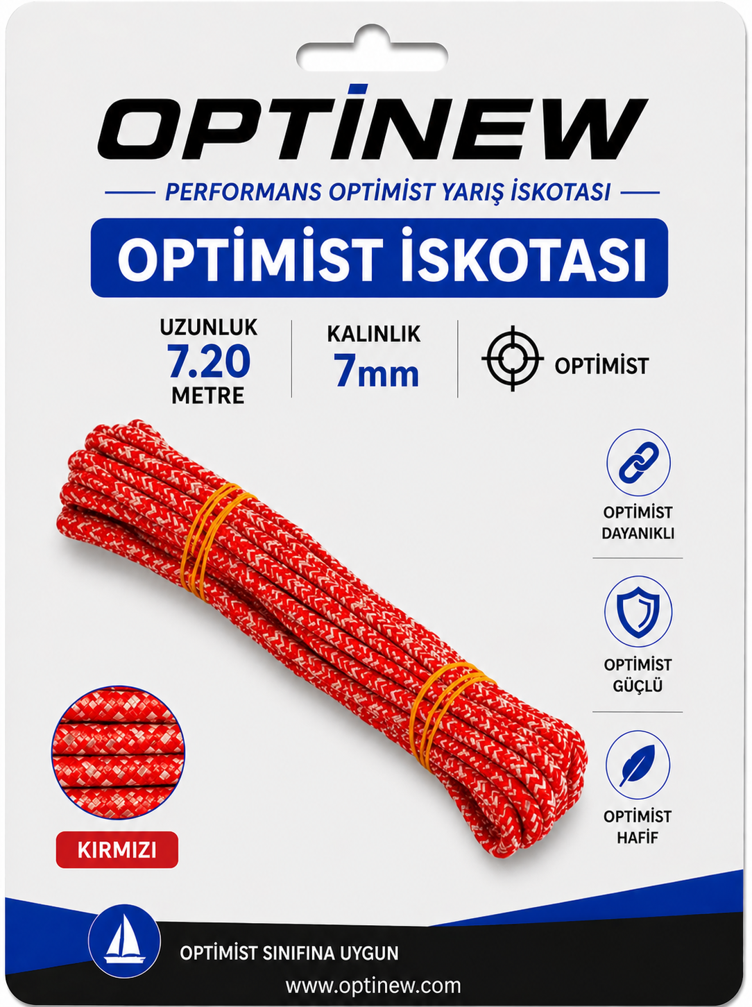 Optimist İskotası 7 mm - Orta Sertlikte 7.20 Metre Yarış Halatı Kırmızı-Gri