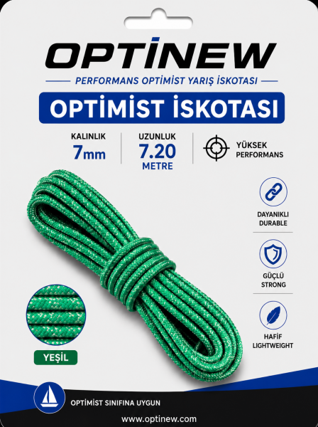 Optimist İskotası 7 mm - Orta Sertlikte 7.20 Metre Yarış Halatı Yeşil-Beyaz