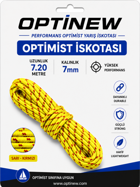 Optimist İskotası 7 mm - Orta Sertlikte 7.20 Metre Yarış Halatı Sarı-Kırmızı