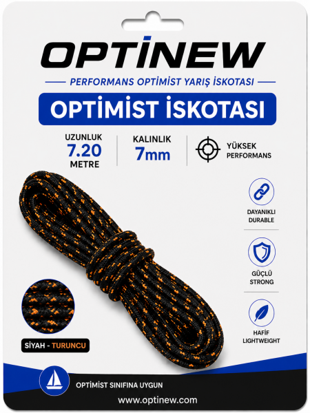 Optimist İskotası 7 mm - Orta Sertlikte 7.20 Metre Yarış Halatı Siyah-Turuncu